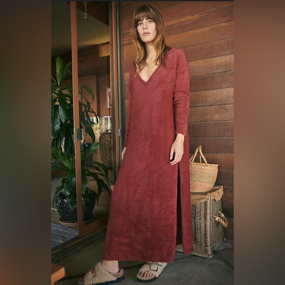 Fuzzy Free People Red Sweater V-Neck Maxi Dress